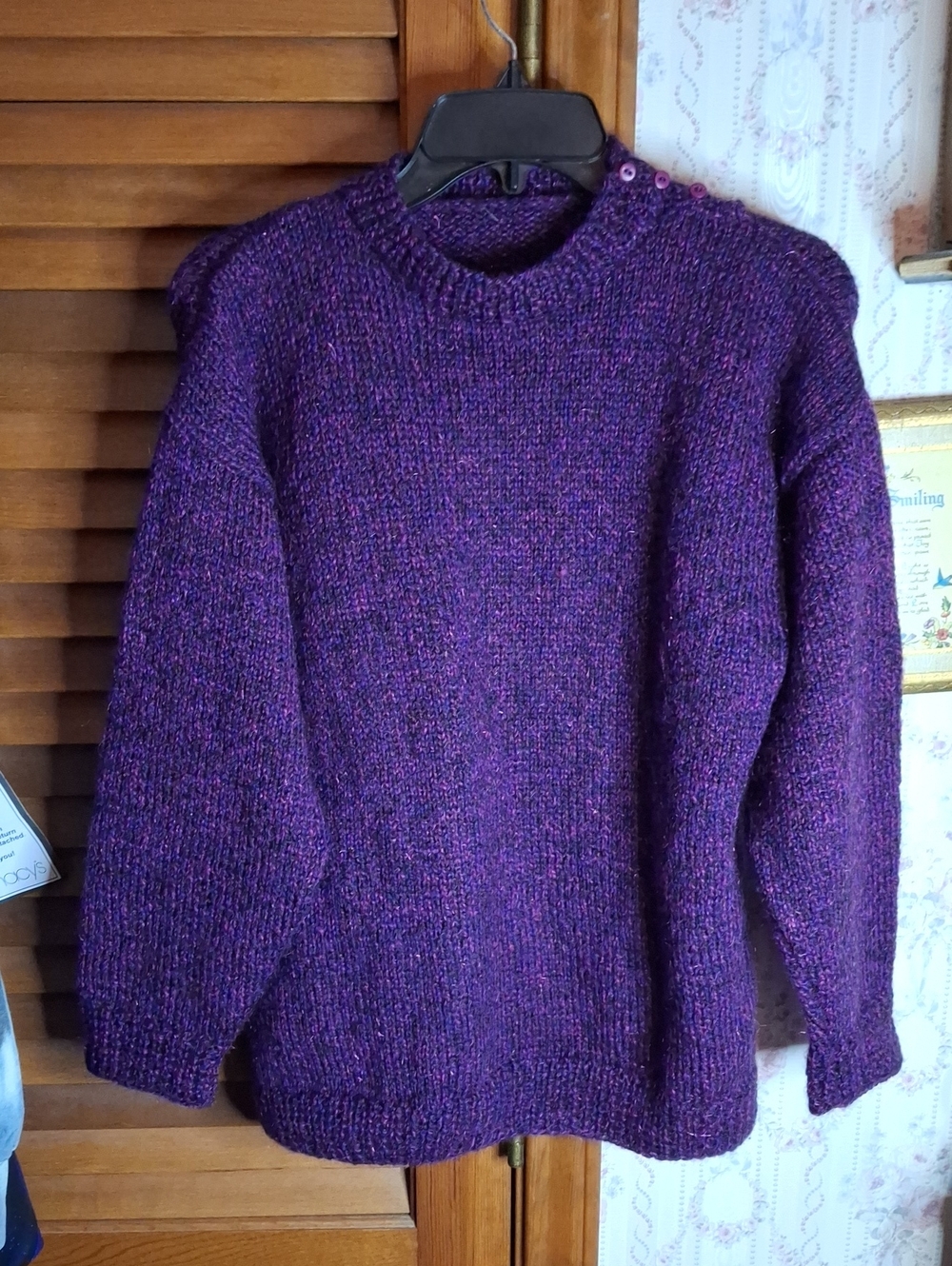 Crewneck Sweater in Purple Pink Button Accent Neck Preloved
